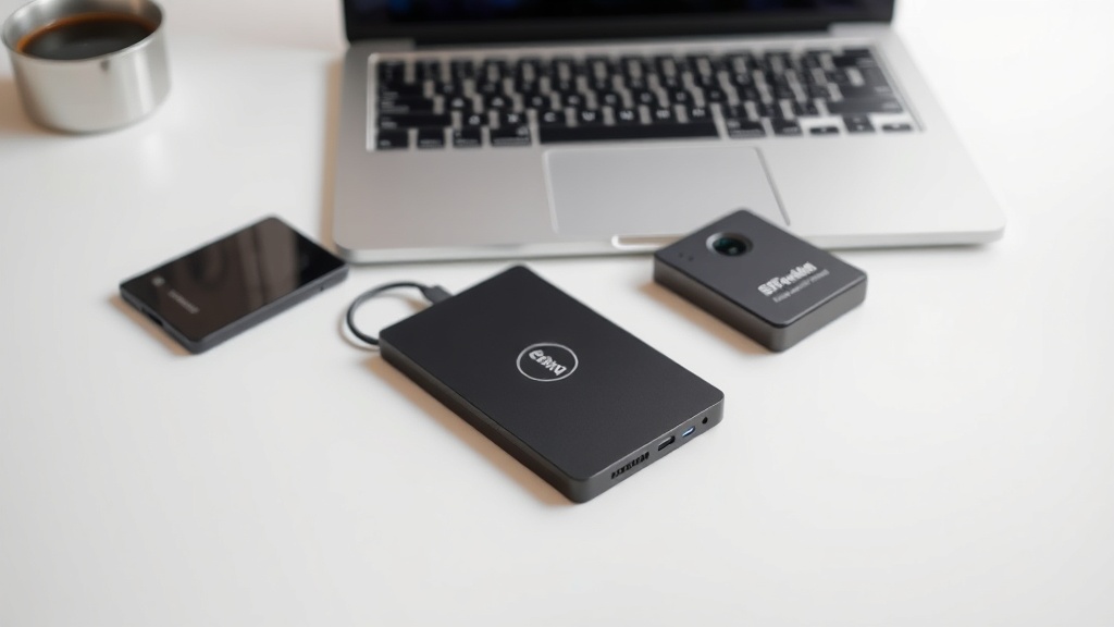 책상 위에 놓인 노트북 옆에 외장 SSD와 HDD가 나란히 배치되어 비교를 기다리는 모습