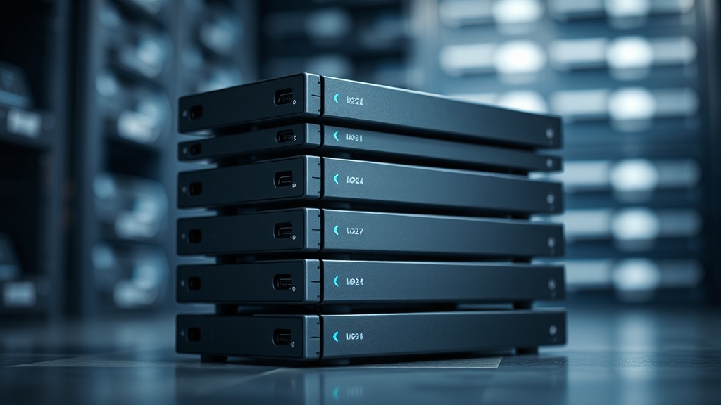 여러 대의 외장 하드디스크가 쌓여 대용량 데이터 아카이빙을 상징하는 모습