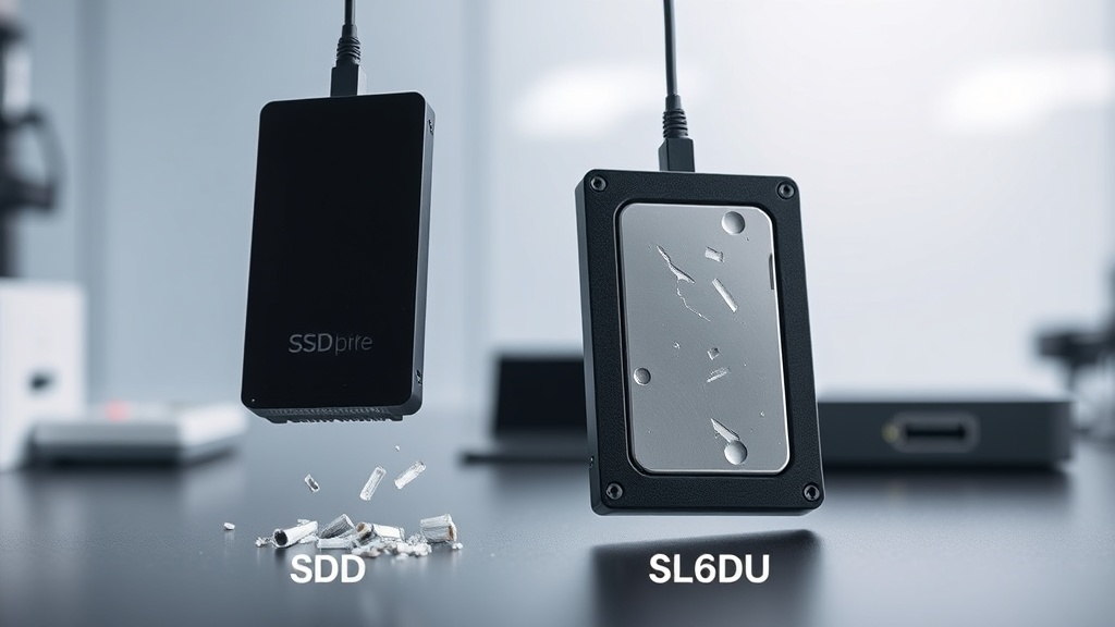 충격 테스트 환경에서 외장 SSD와 HDD의 물리적 반응 차이를 보여주는 실험 장면