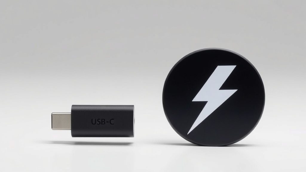 USB-C 단자와 썬더볼트 번개 로고가 나란히 배치된 모습으로 두 규격의 외형적 유사성과 기능적 차이를 암시함